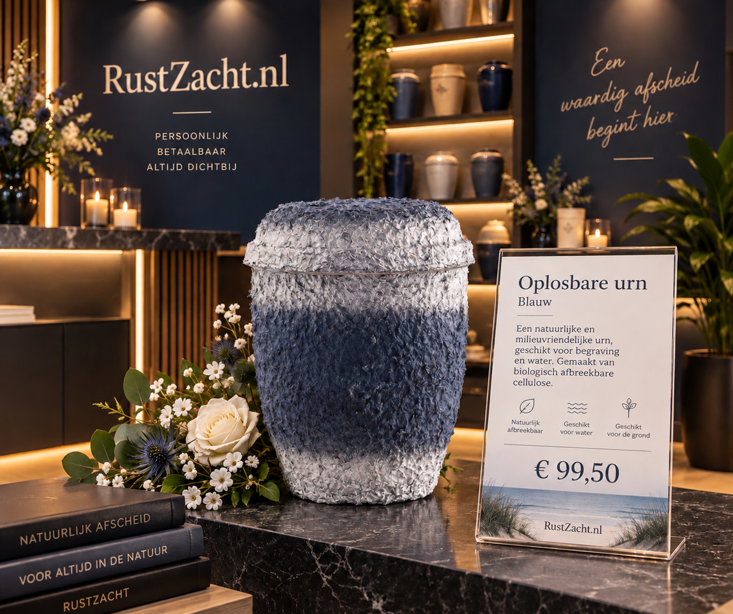 Een blauw-witte oplosbare urn op een marmeren toonbank, naast een boeket met een witte roos en een bordje met uitleg over de urn