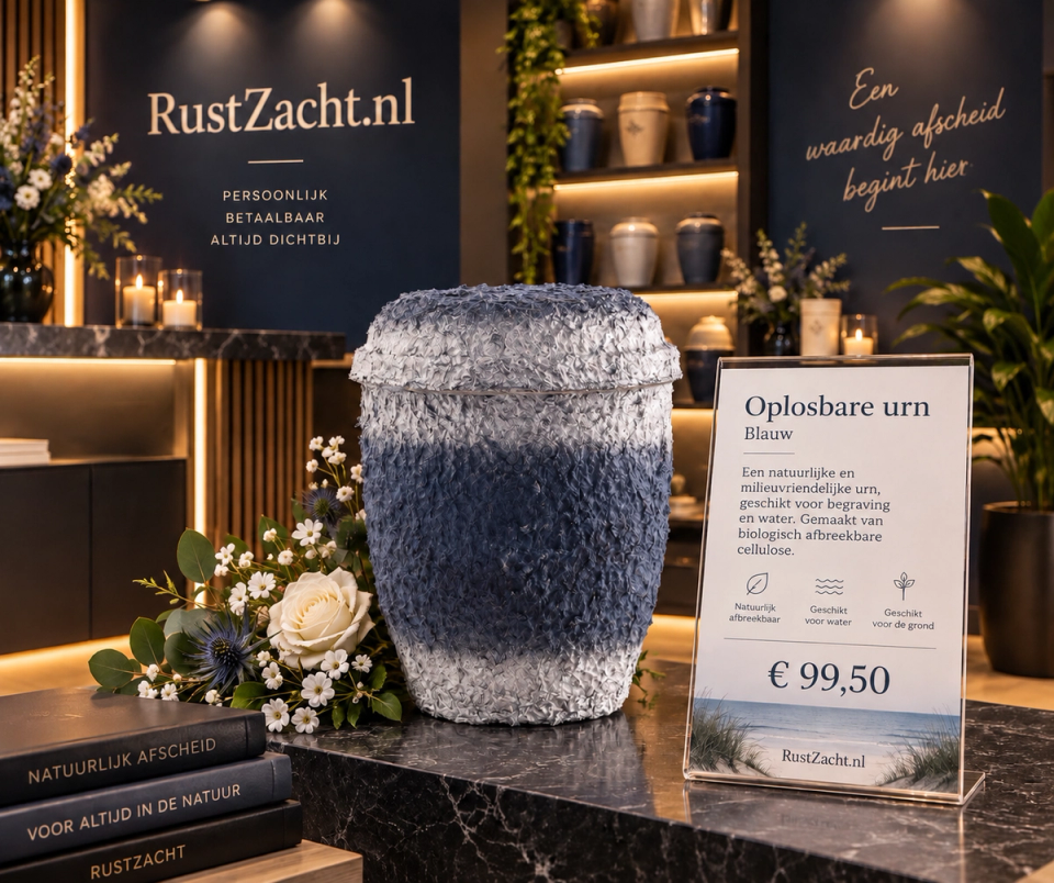 Een blauw-witte oplosbare urn op een marmeren toonbank, naast een boeket met een witte roos en een bordje met uitleg over de urn