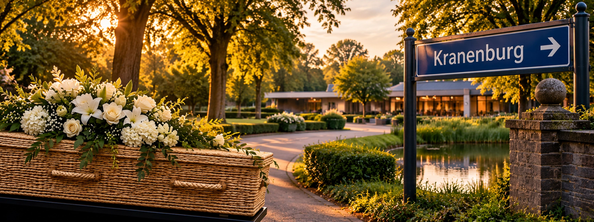 Een rieten uitvaartmand met witte bloemen bij de wegwijzer naar Kranenburg in Zwolle, in het avondlicht