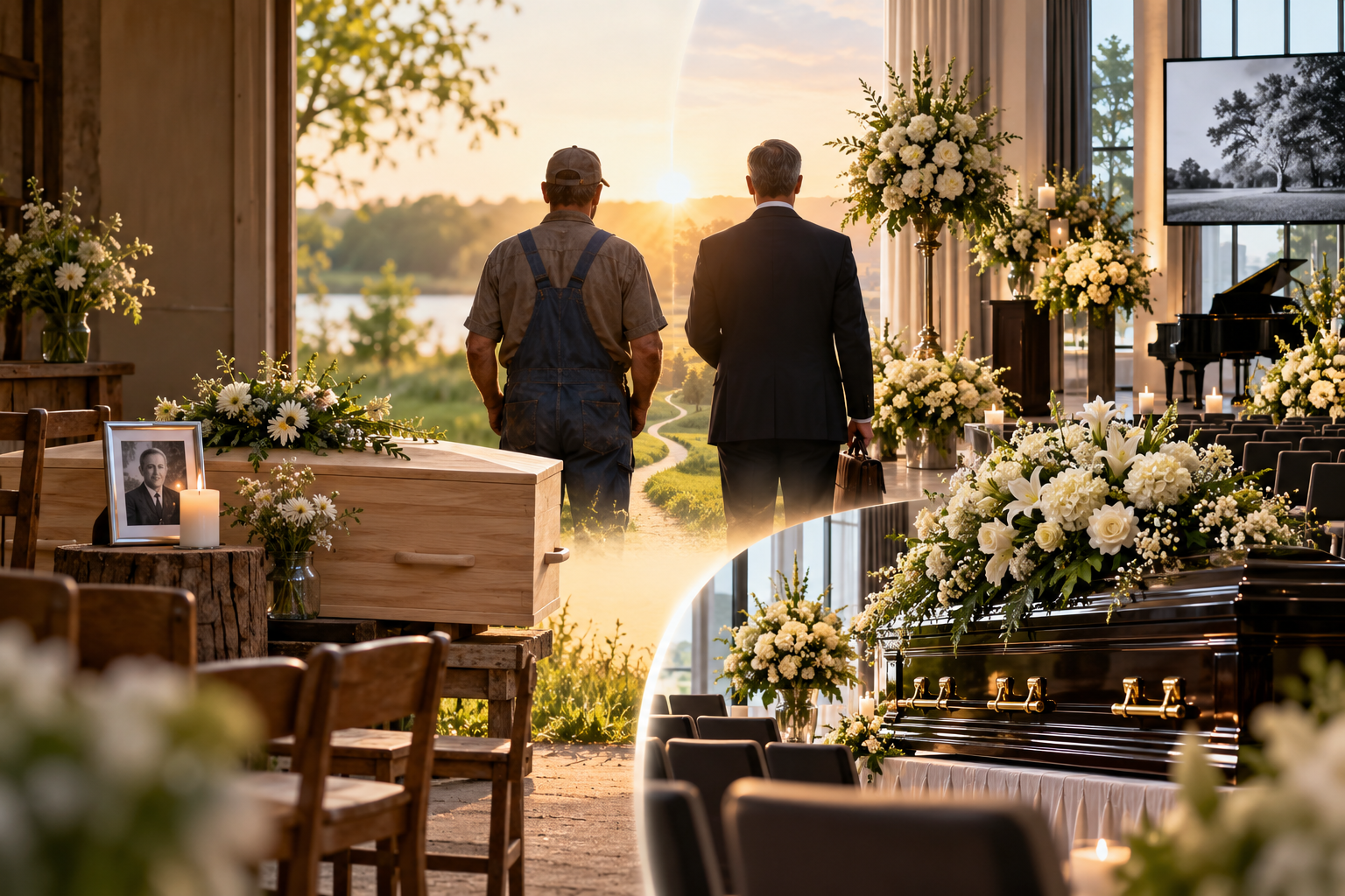 Twee mannen van achteren gezien, een arbeider in tuinbroek en een man in pak met aktetas, kijken samen naar de zonsondergang. Links een eenvoudige houten kist met margrieten en een ingelijste foto, rechts een glanzende kist onder een groot wit bloemstuk in een ruime aula.