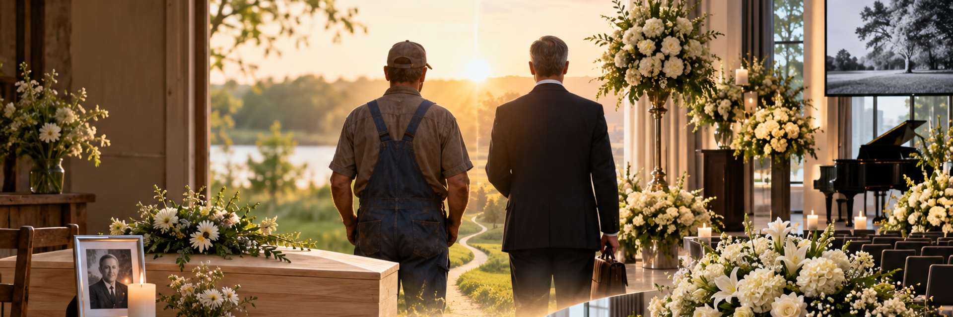Twee mannen van achteren gezien, een arbeider in tuinbroek en een man in pak met aktetas, kijken samen naar de zonsondergang. Links een eenvoudige houten kist met margrieten en een ingelijste foto, rechts een glanzende kist onder een groot wit bloemstuk in een ruime aula.