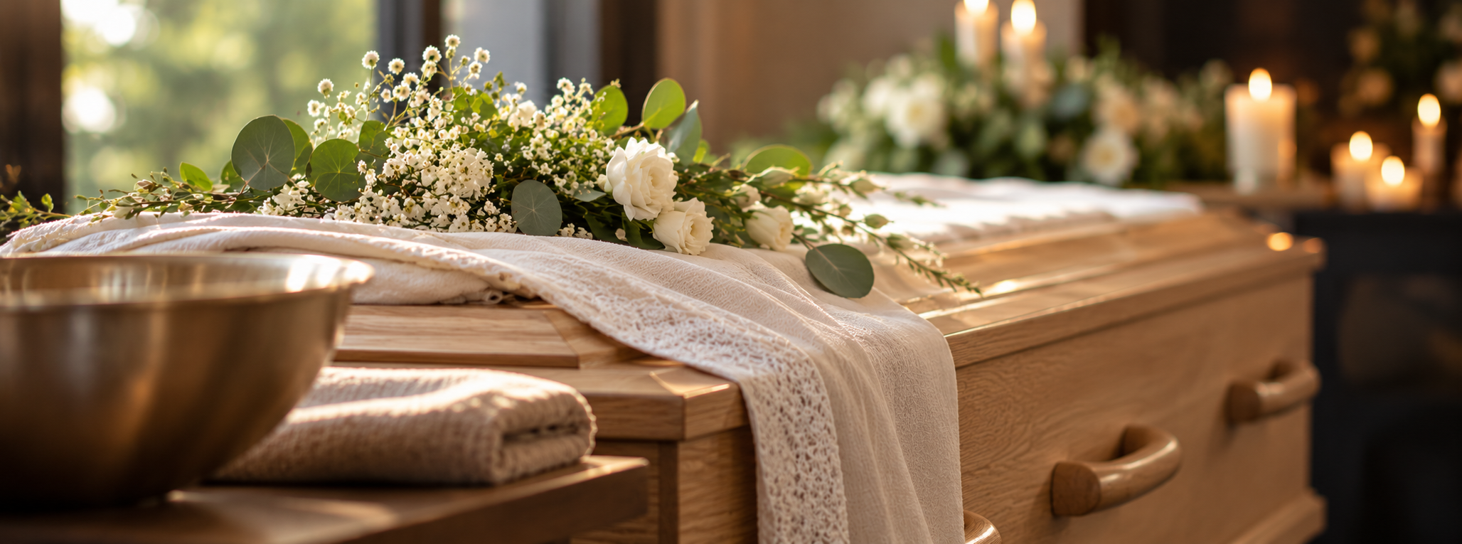 Een lichte eikenhouten kist met een witte kanten doek en een tak witte rozen, gipskruid en eucalyptus erop. Op de voorgrond een waskom op een gevouwen handdoek, op de achtergrond brandende kaarsen en een wit bloemstuk.
