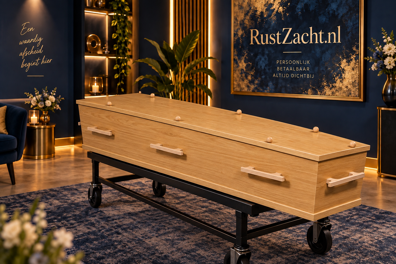 Een traditionele uitvaartkist van blank eikenhout met lichte houten grepen, op een onderwagen in een donkerblauwe ruimte met goudlicht