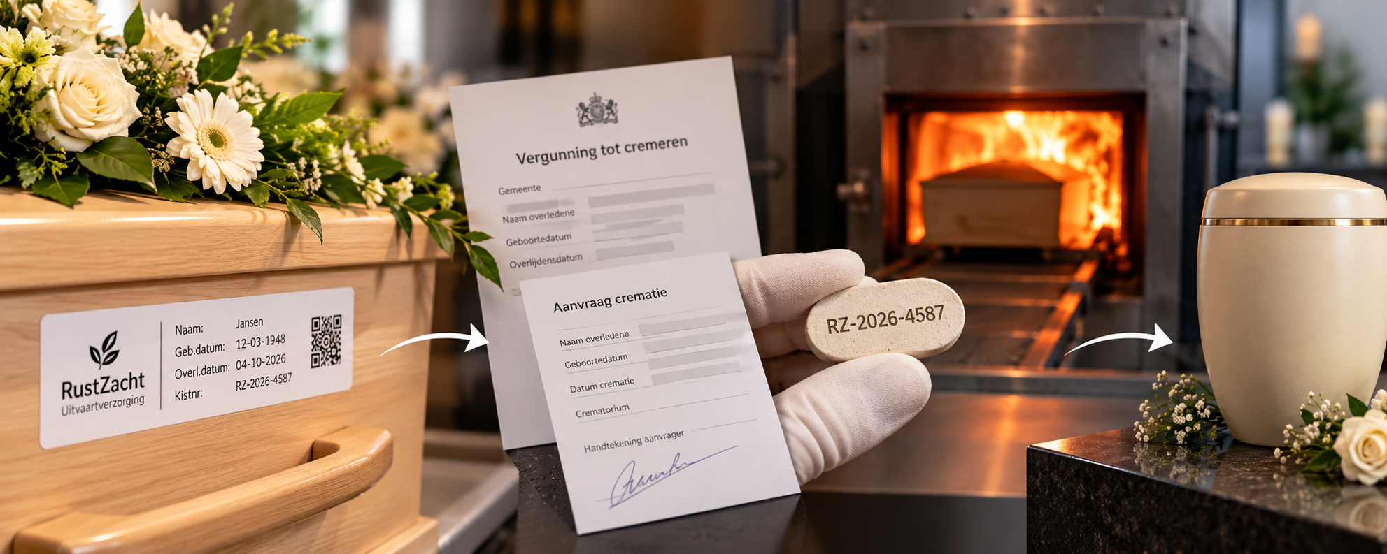 Van kist tot urn: een houten uitvaartkist met witte rozen en een kiststicker met naam en kistnummer, de vergunning tot cremeren en de aanvraag crematie met een vuurvast steentje met hetzelfde nummer voor de crematieoven, en een crèmekleurige urn met witte bloemen.