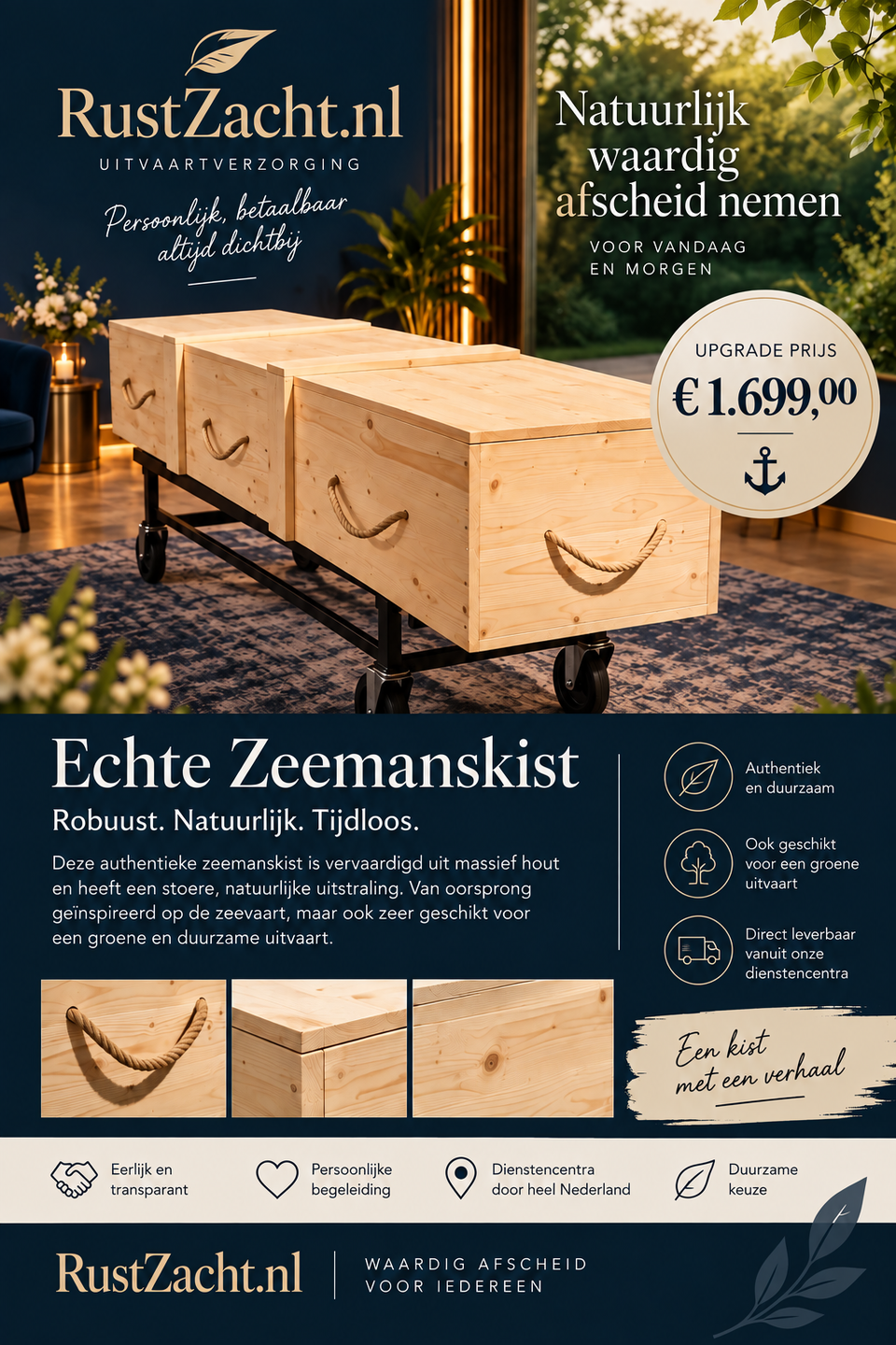 Poster van een blankhouten zeemanskist met touwen grepen op een onderstel, met close-ups van het hout en de upgradeprijs van € 1.699,00
