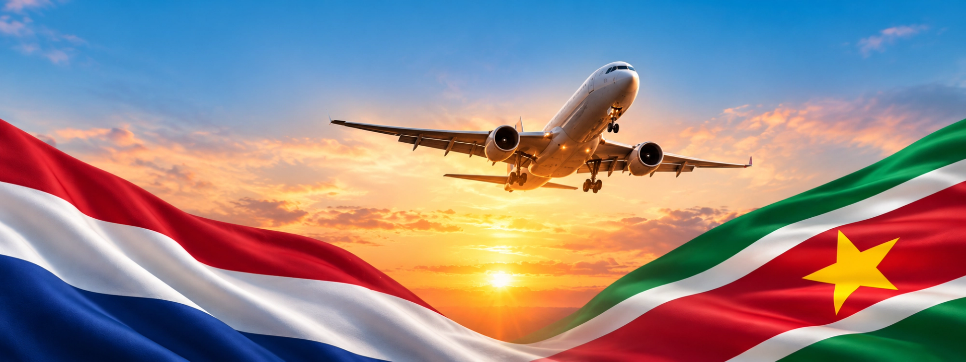 Een vliegtuig bij zonsondergang tussen de vlag van Nederland en de vlag van Suriname