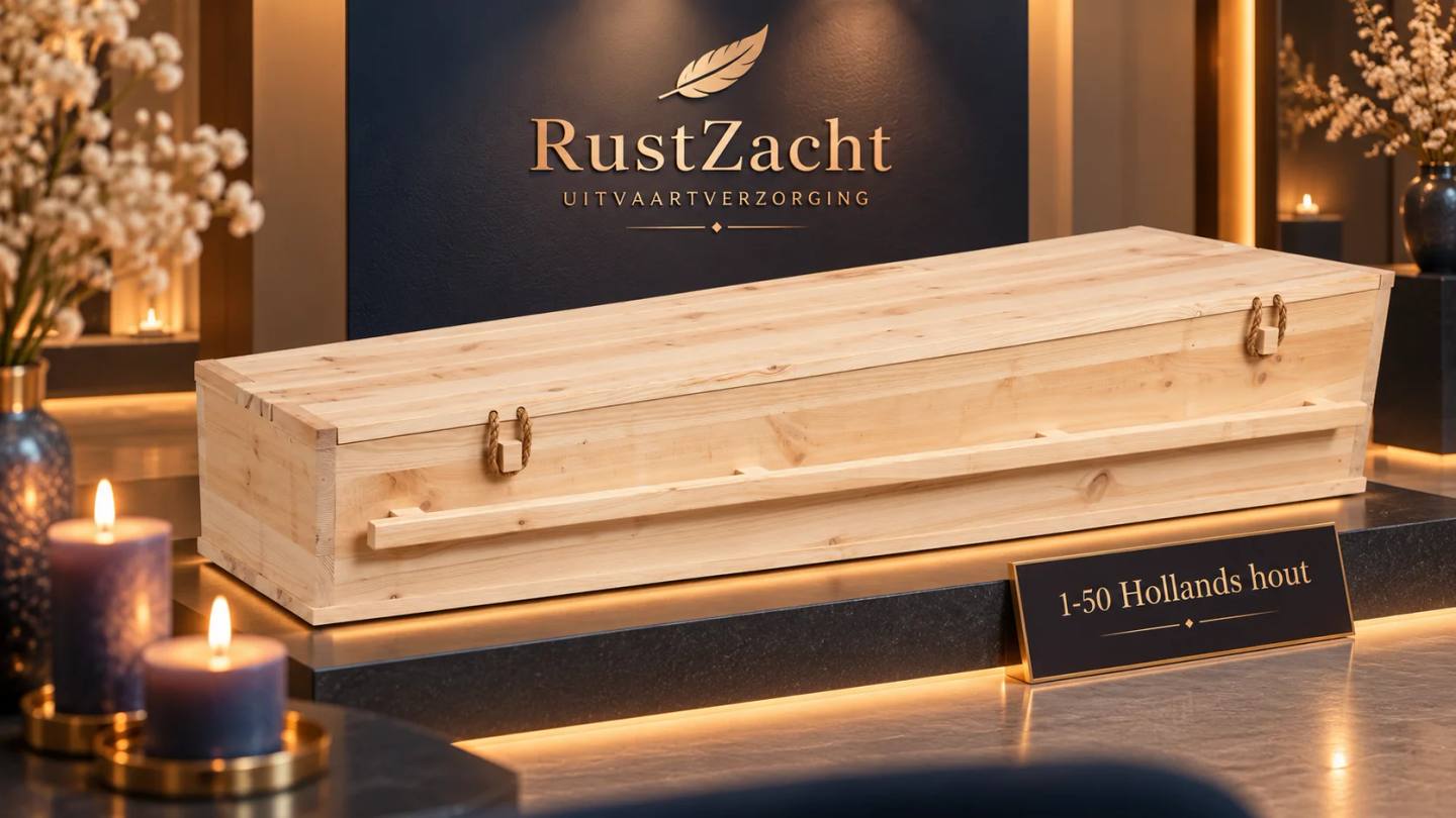 Uitvaartkist van onbewerkt Hollands hout met touwen handgrepen