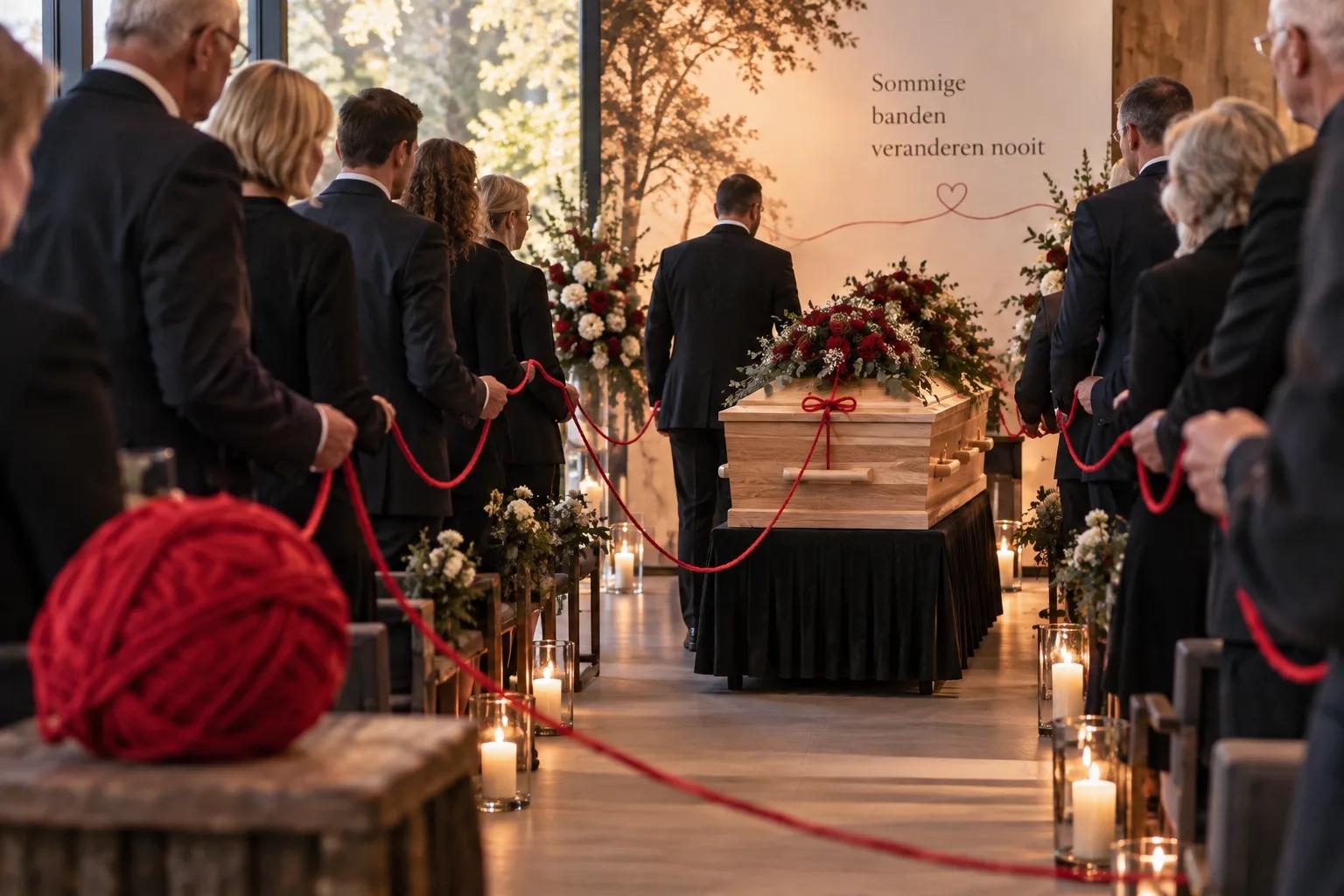 Een houten uitvaartkist buiten tussen veldbloemen, met een rood lint dat vanaf de kist over de grond loopt