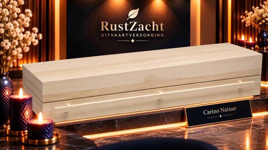 Strakke uitvaartkist van licht hout met een dunne houten lat