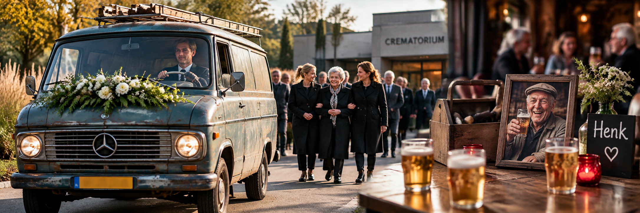 Drie beelden in elkaar overlopend: een oude bestelbus met een bloemstuk op de motorkap, drie vrouwen in het zwart arm in arm voor het crematorium, en een cafétafel met bier, een gereedschapskist en een foto van een lachende oude man.