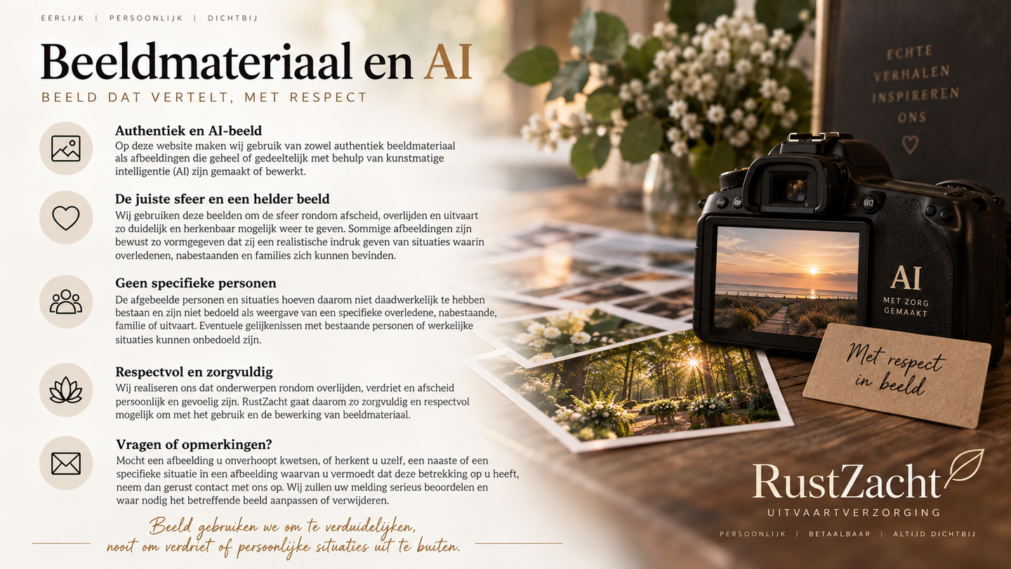 Liggende poster "Beeldmateriaal en AI": een camera met een zonsondergang op het scherm naast foto's en bloemen, met uitleg hoe RustZacht met AI-beeld omgaat
