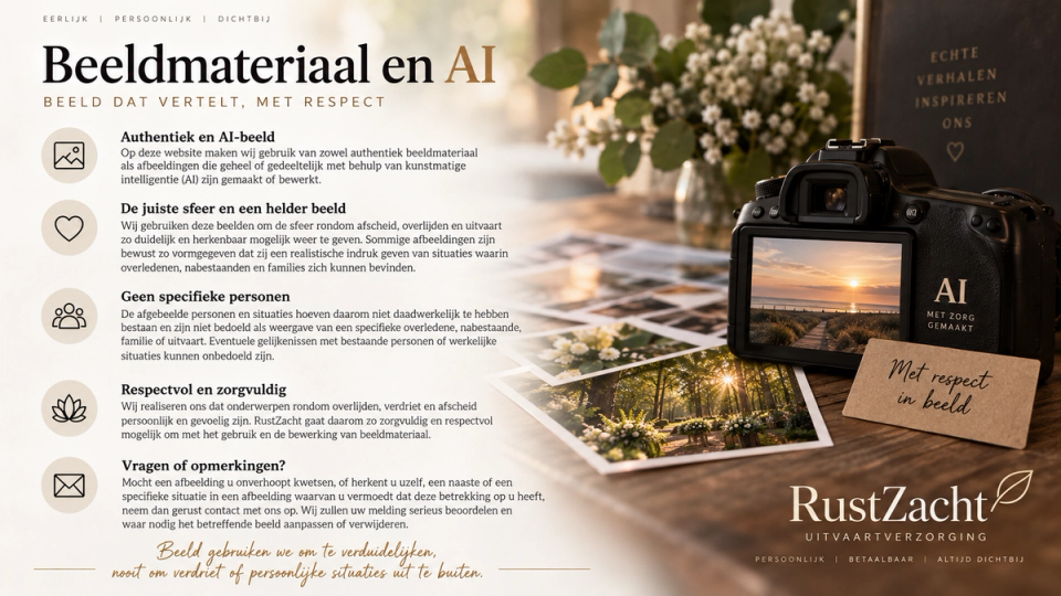 Liggende poster "Beeldmateriaal en AI": een camera met een zonsondergang op het scherm naast foto's en bloemen, met uitleg hoe RustZacht met AI-beeld omgaat