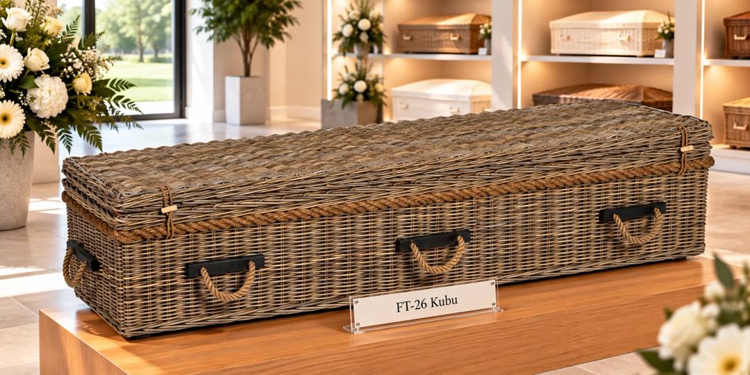 Een uitvaartmand van gevlochten kubu in grijsbruin, rechthoekig, met touwgrepen