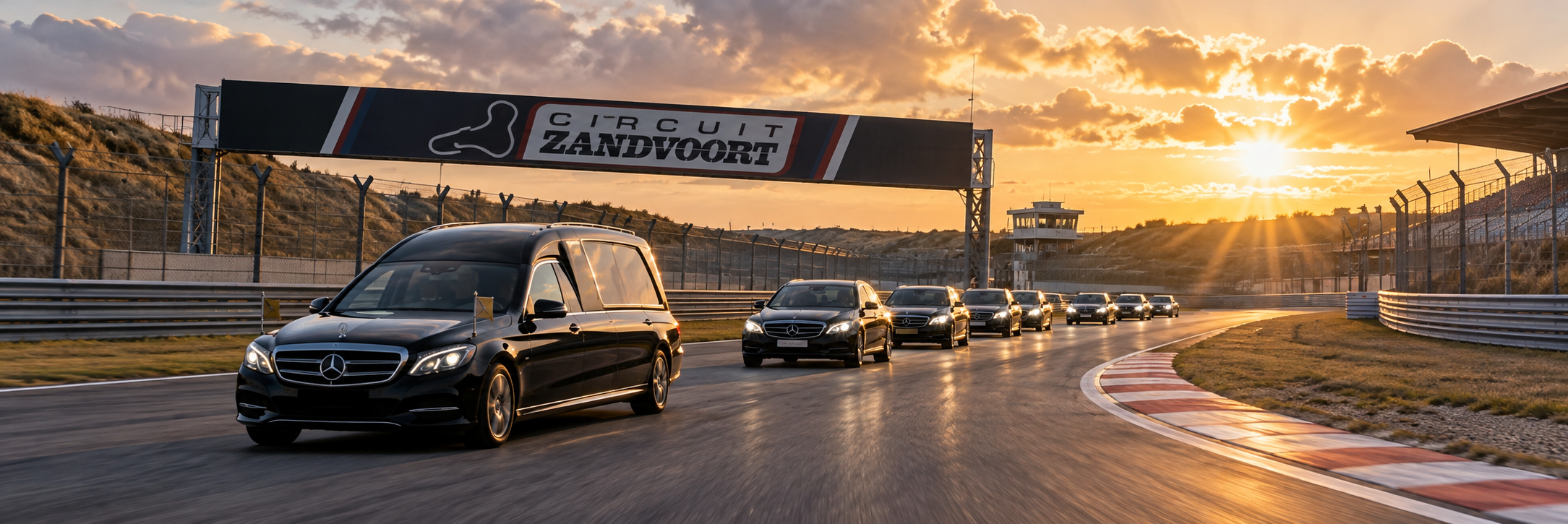 Een zwarte rouwauto rijdt voorop over het circuit van Zandvoort, gevolgd door een rij zwarte volgauto’s, onder de brug met de naam van het circuit en met de zon die laag door de wolken breekt.