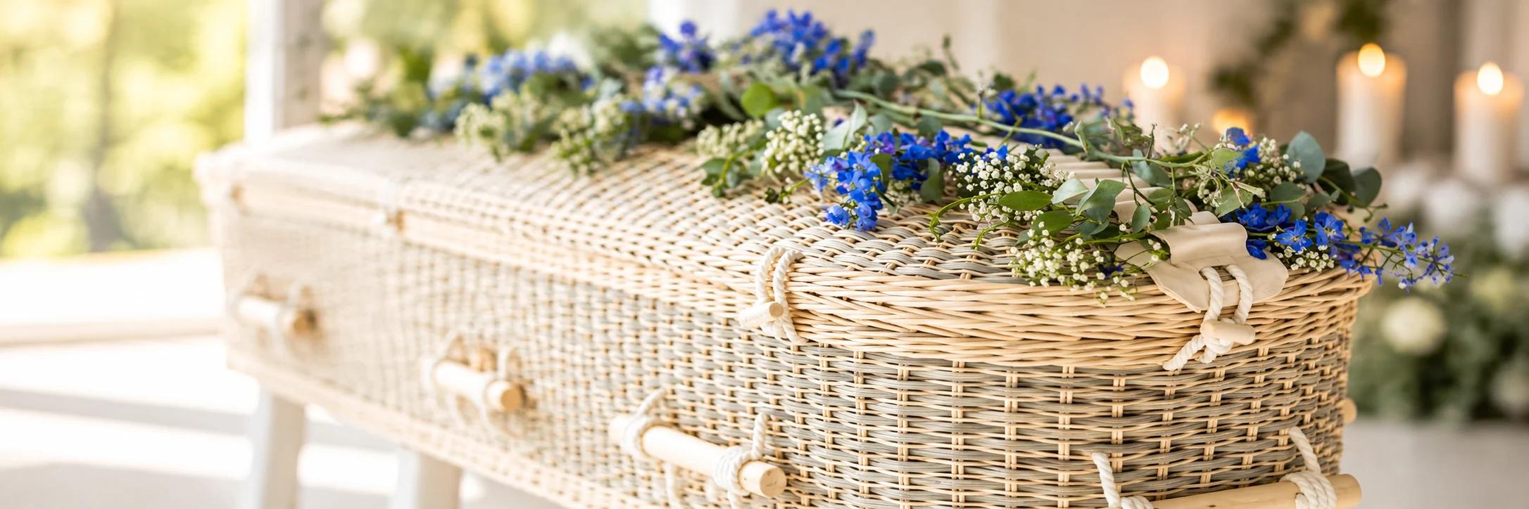 Een lichte gevlochten uitvaartmand met een band van blauwe bloemen, gipskruid en eucalyptus over het deksel, met kaarsen op de achtergrond