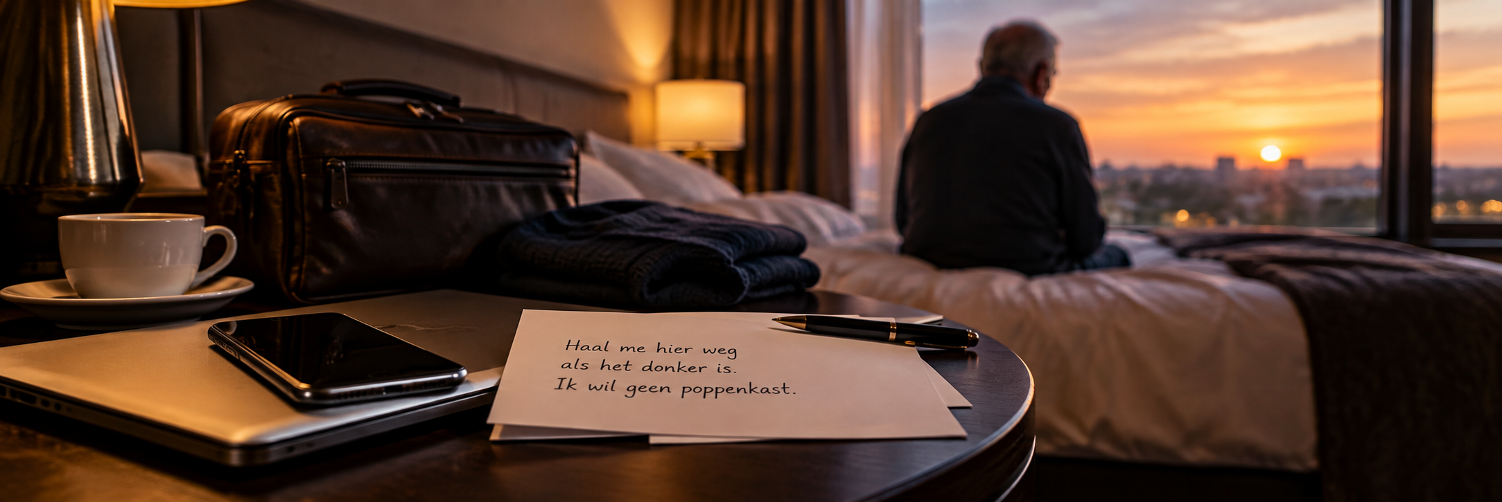 Een briefje op een tafeltje in een hotelkamer met de tekst "Haal me hier weg als het donker is. Ik wil geen poppenkast.", met daarachter een oudere man op de rand van het bed die naar de ondergaande zon kijkt.