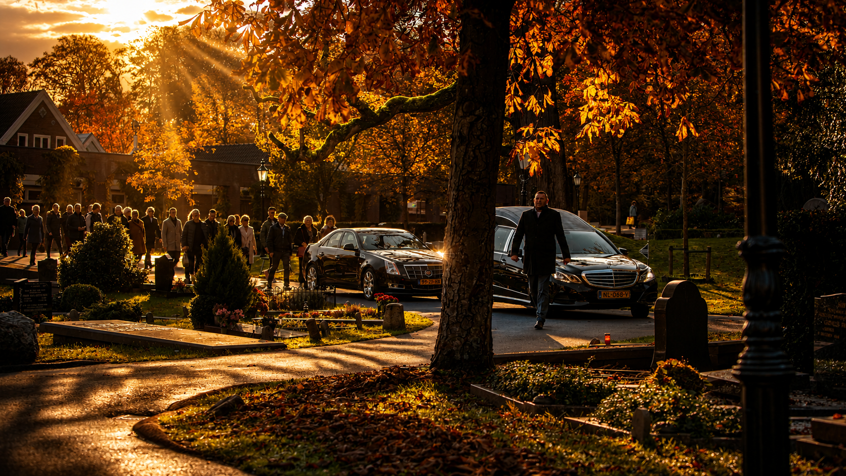 Een laan met bomen op een begraafplaats in herfstlicht, met een rouwauto