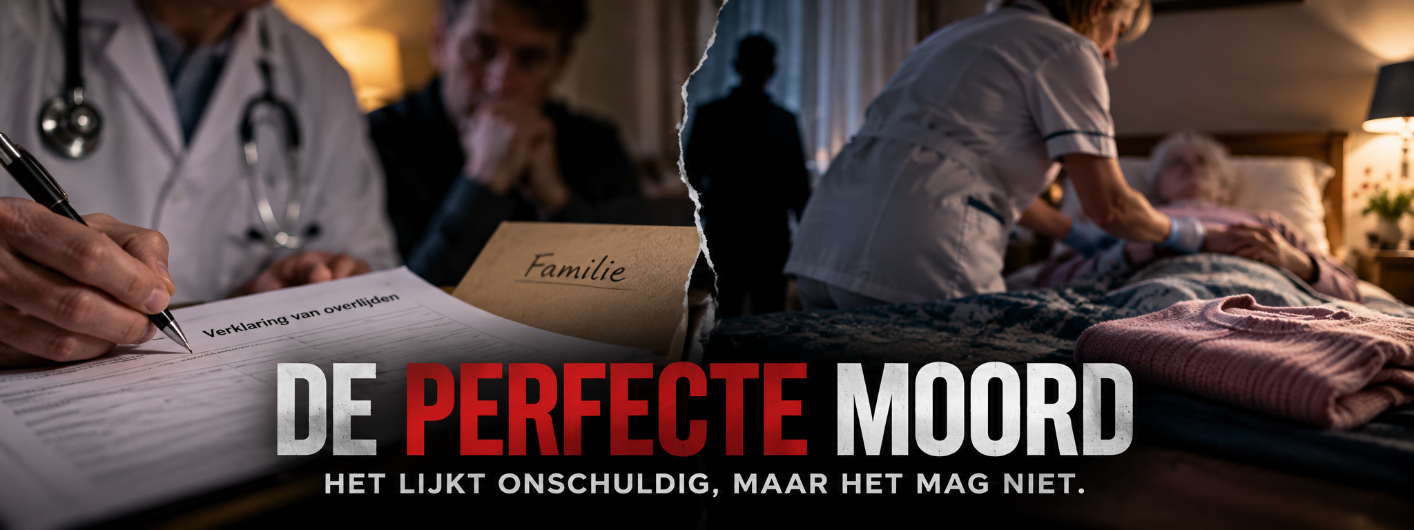 Twee scènes naast elkaar: links een arts die een verklaring van overlijden invult met een bezorgde man erachter, rechts een verpleegkundige die ’s nachts een oudere vrouw in bed verzorgt. Onderin de tekst: De perfecte moord. Het lijkt onschuldig, maar het mag niet.
