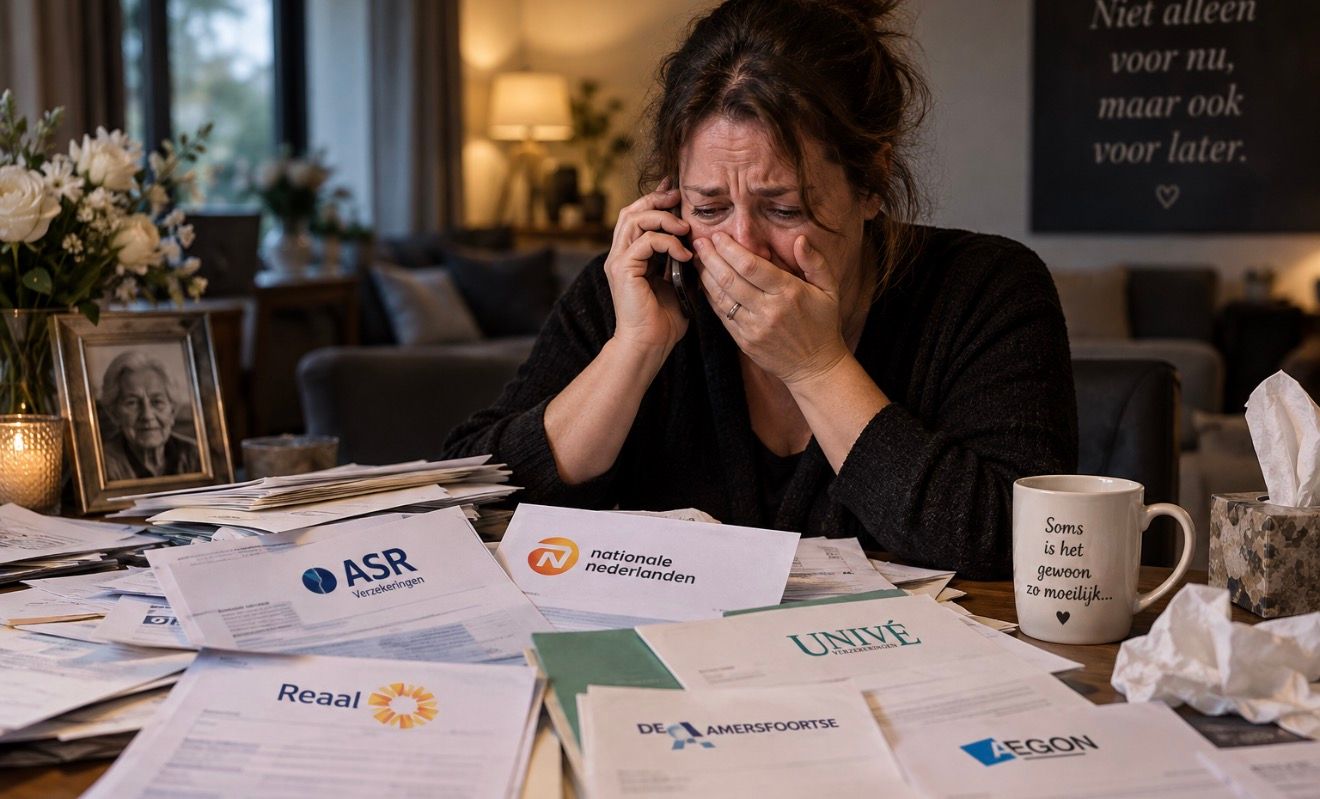 Een vrouw zit huilend aan de keukentafel met de telefoon aan haar oor, tussen stapels polisbladen van verschillende verzekeraars. Naast haar een ingelijste foto van een oudere vrouw, witte rozen en een brandende kaars.
