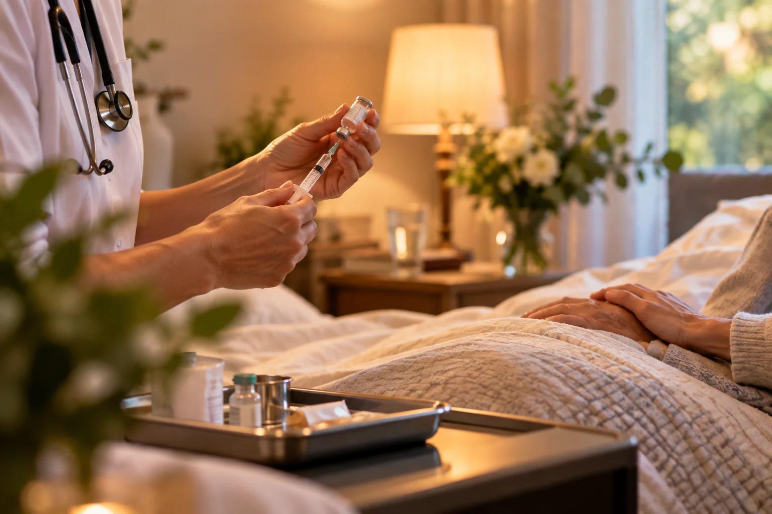 Een arts bereidt bij een lamp en een vaas witte bloemen een injectie voor, naast het bed waarin iemand de handen gevouwen op de deken heeft