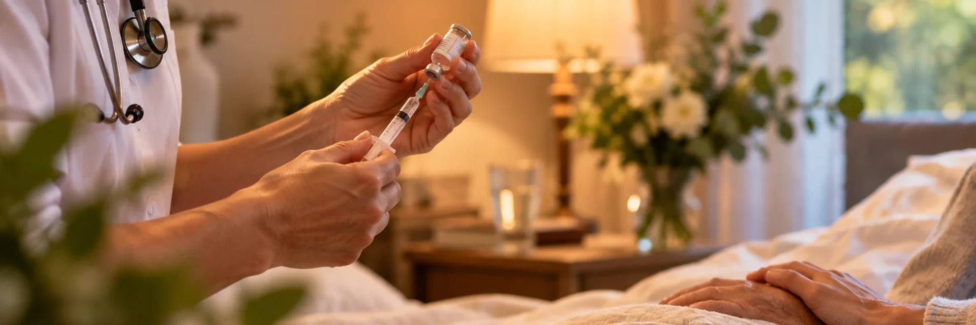Een arts bereidt bij een lamp en een vaas witte bloemen een injectie voor, naast het bed waarin iemand de handen gevouwen op de deken heeft