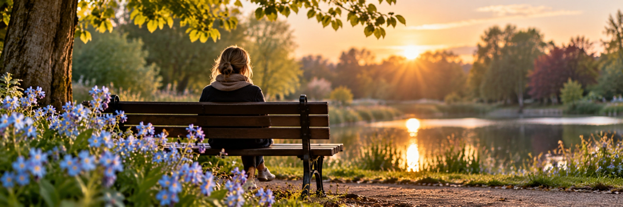 Dezelfde houten bank aan het water, nu zit er alleen een vrouw, van achteren gezien, met een sjaal om. De zon staat laag boven de bomen, op de voorgrond vergeet-mij-nietjes.