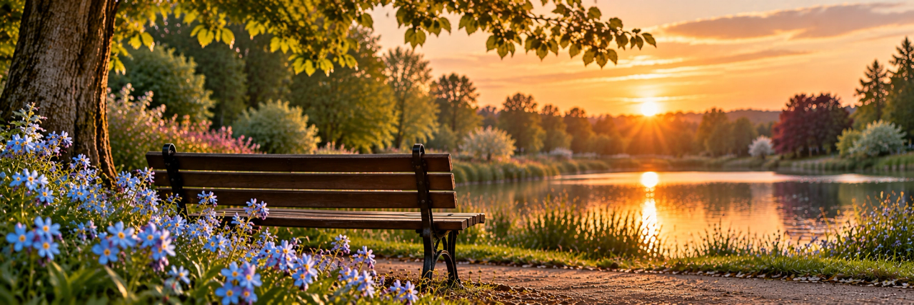 De lege houten bank onder een boom aan het water bij zonsondergang, met vergeet-mij-nietjes op de voorgrond.