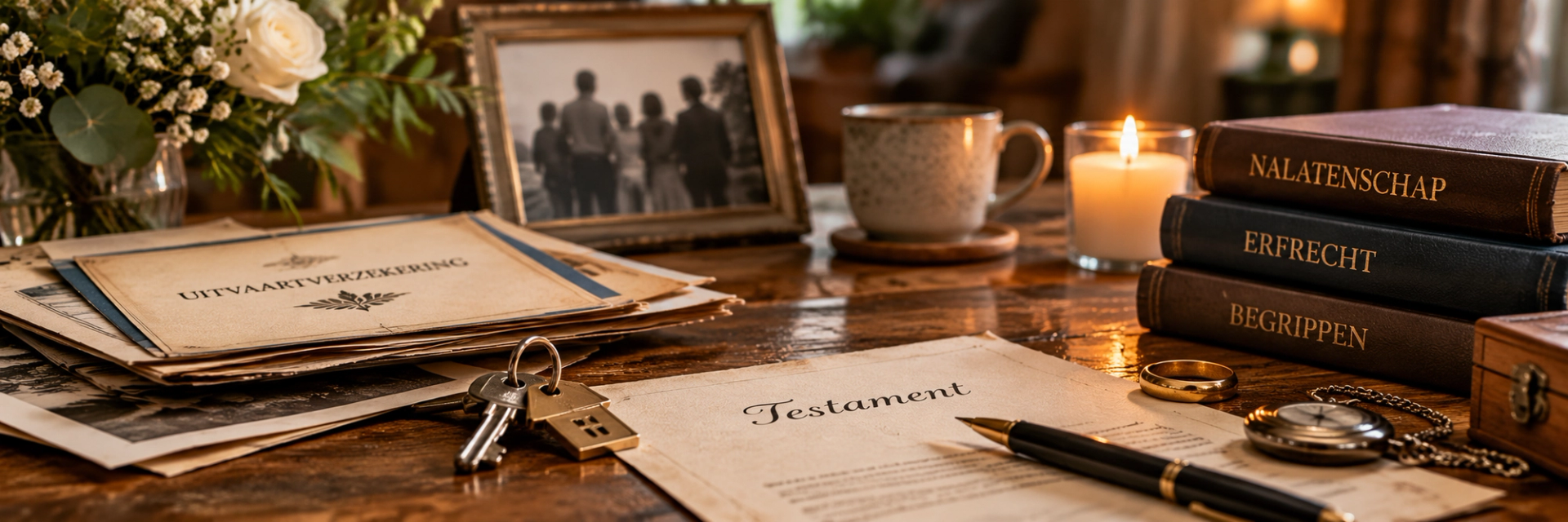 Een houten tafel in warm licht met een vel papier met "Testament" en een vulpen, een stapel oude papieren met "Uitvaartverzekering", huissleutels, een familiefoto in een lijst, een brandende kaars en drie boeken over nalatenschap, erfrecht en begrippen.