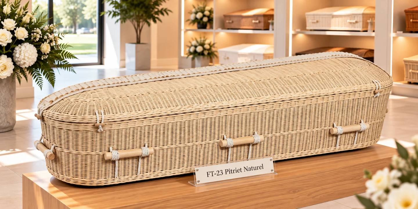 Een uitvaartmand van gevlochten pitriet in naturel, rechthoekig met afgeronde hoeken en een lichte gevlochten rand, met houten staafgrepen aan wit touw
