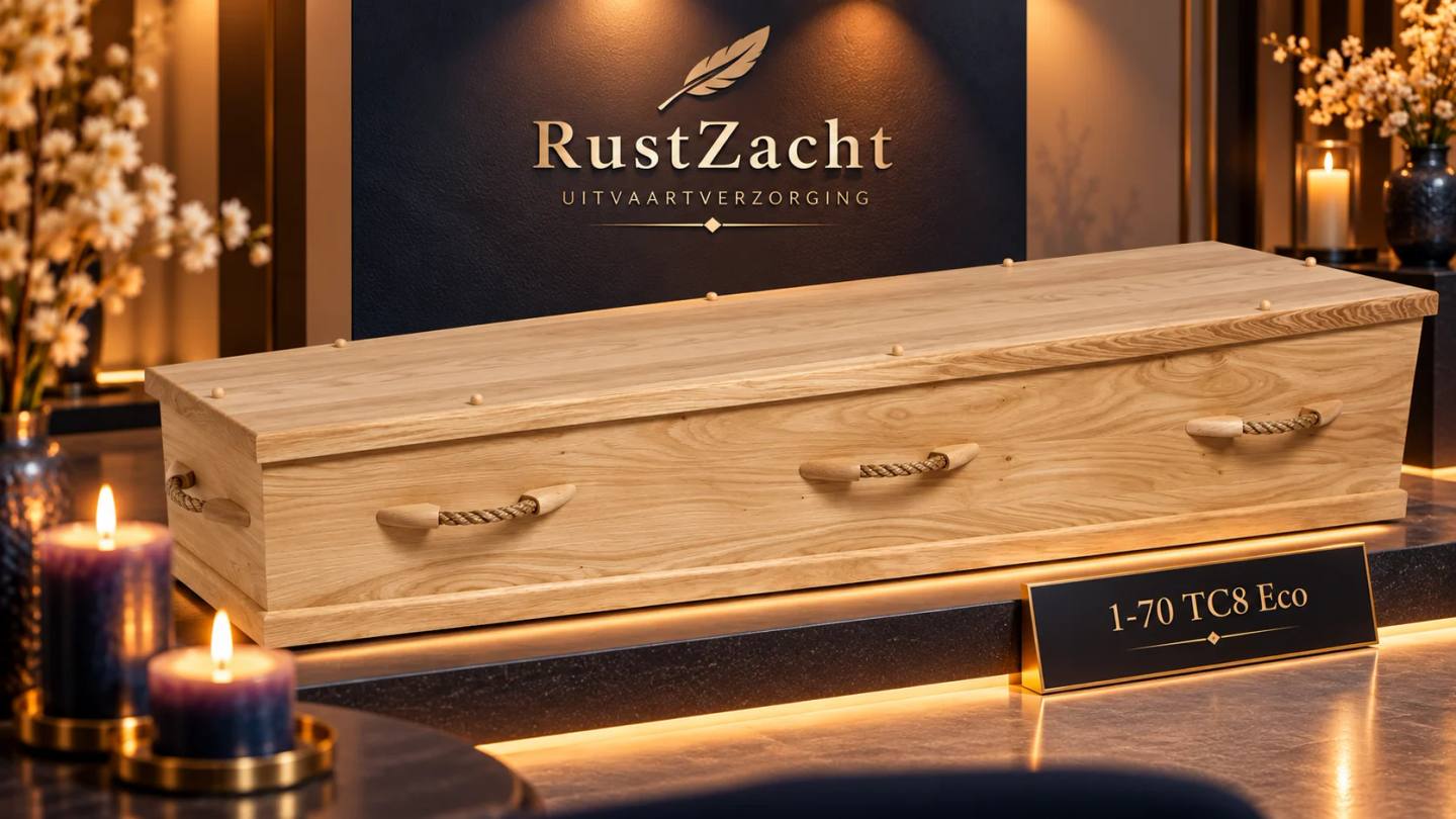 Uitvaartkist van licht eiken met touwgrepen