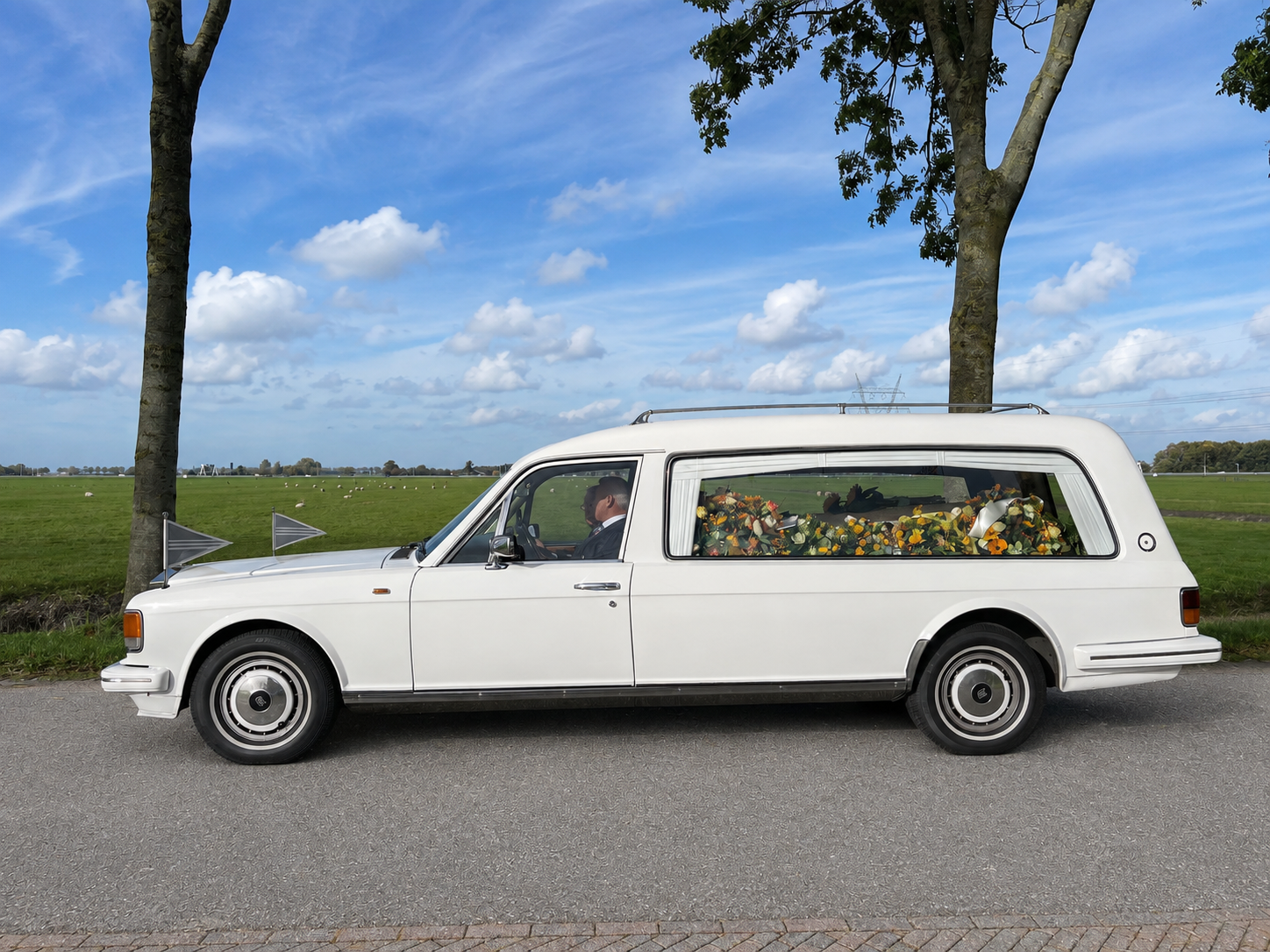 Een witte klassieke rouwauto op een polderweg