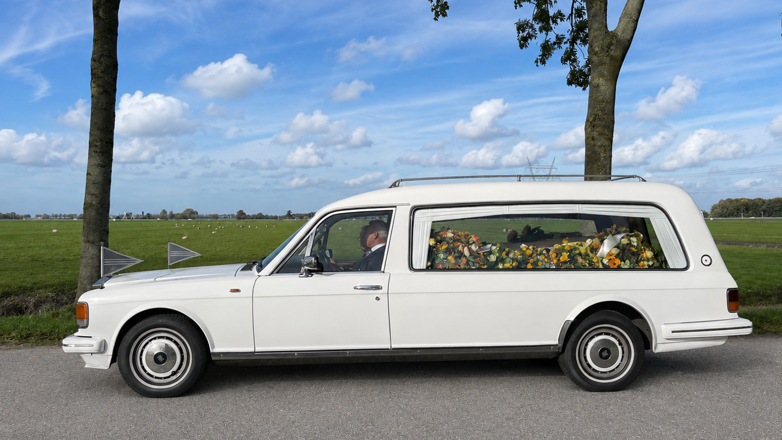 Een witte klassieke rouwauto op een polderweg