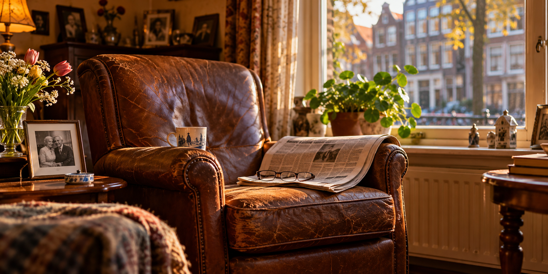 Een versleten bruine leren fauteuil bij het raam van een Amsterdamse woonkamer, met een krant en een leesbril op de leuning, een Delftsblauwe mok en ernaast een zwart-witfoto van een ouder echtpaar.