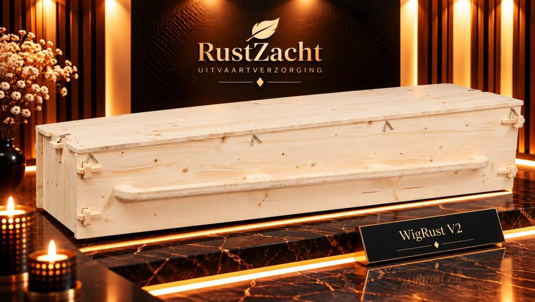 Sobere uitvaartkist van vurenhout met noesten en een brede houten lat
