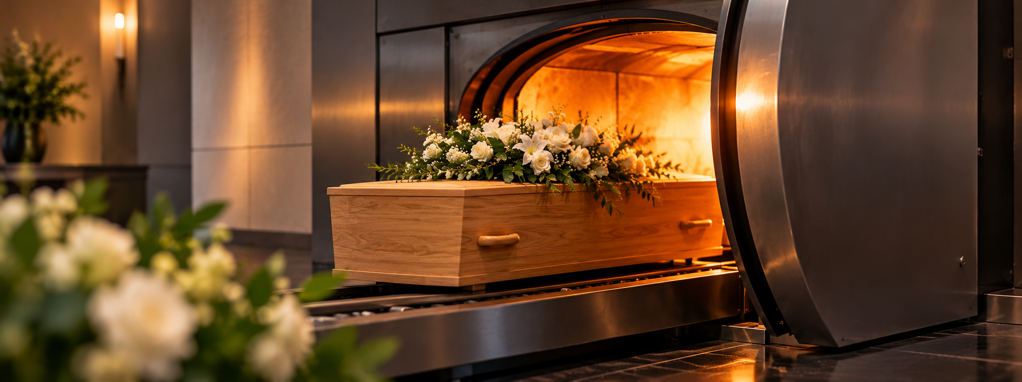 Een lichte eiken uitvaartkist met witte rozen en lelies op de invoerbaan voor een geopende crematieoven, met warm licht binnenin en een ronde stalen deur ernaast.