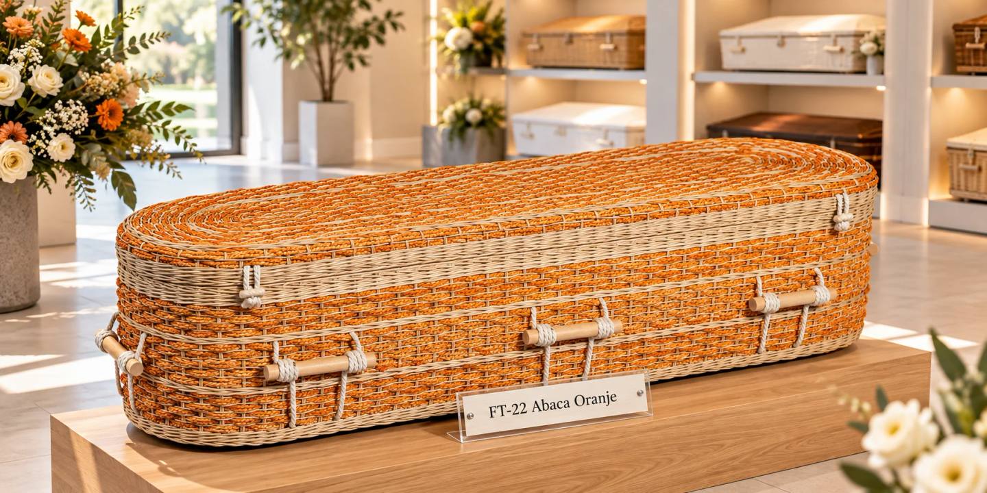 Een uitvaartmand van gevlochten abaca in oranje met lichte banden, ovaal, met houten staafgrepen aan wit touw