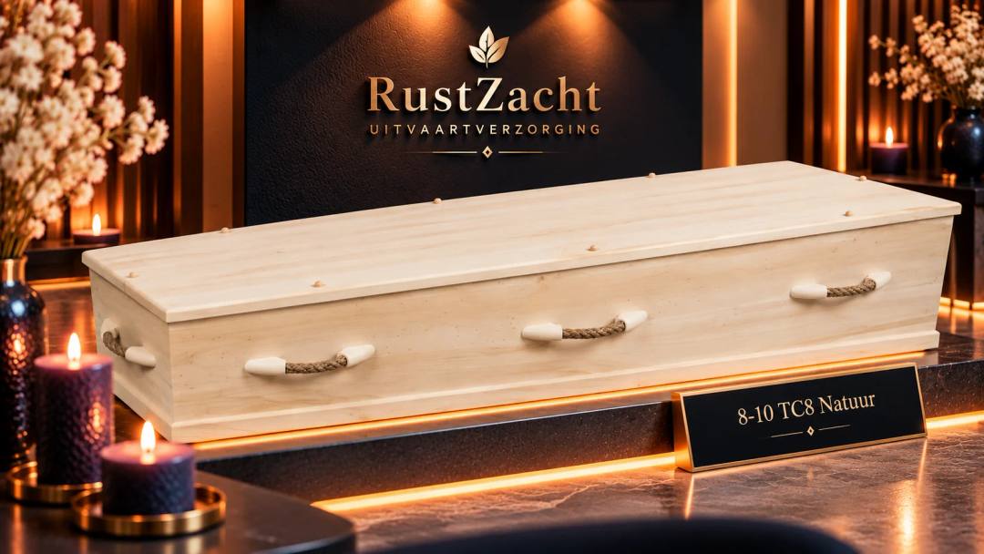 Uitvaartkist van blank licht hout met touwgrepen