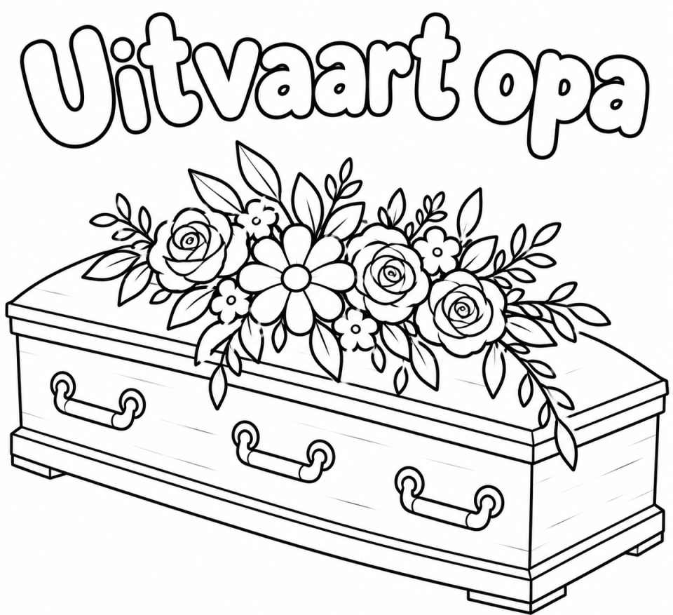 Kleurplaat met in bolle letters "Uitvaart opa" boven een kist met rozen en bloemen