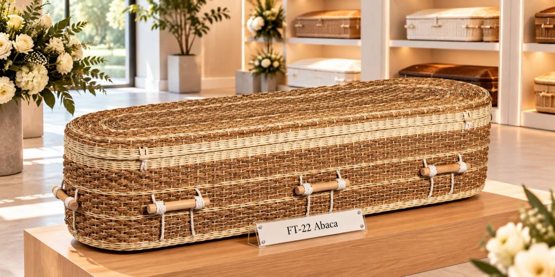 Een uitvaartmand van gevlochten abaca in bruin met lichte banden, ovaal, met houten staafgrepen aan wit touw