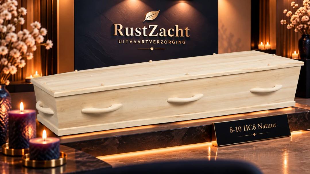 Uitvaartkist van blank licht hout met houten grepen