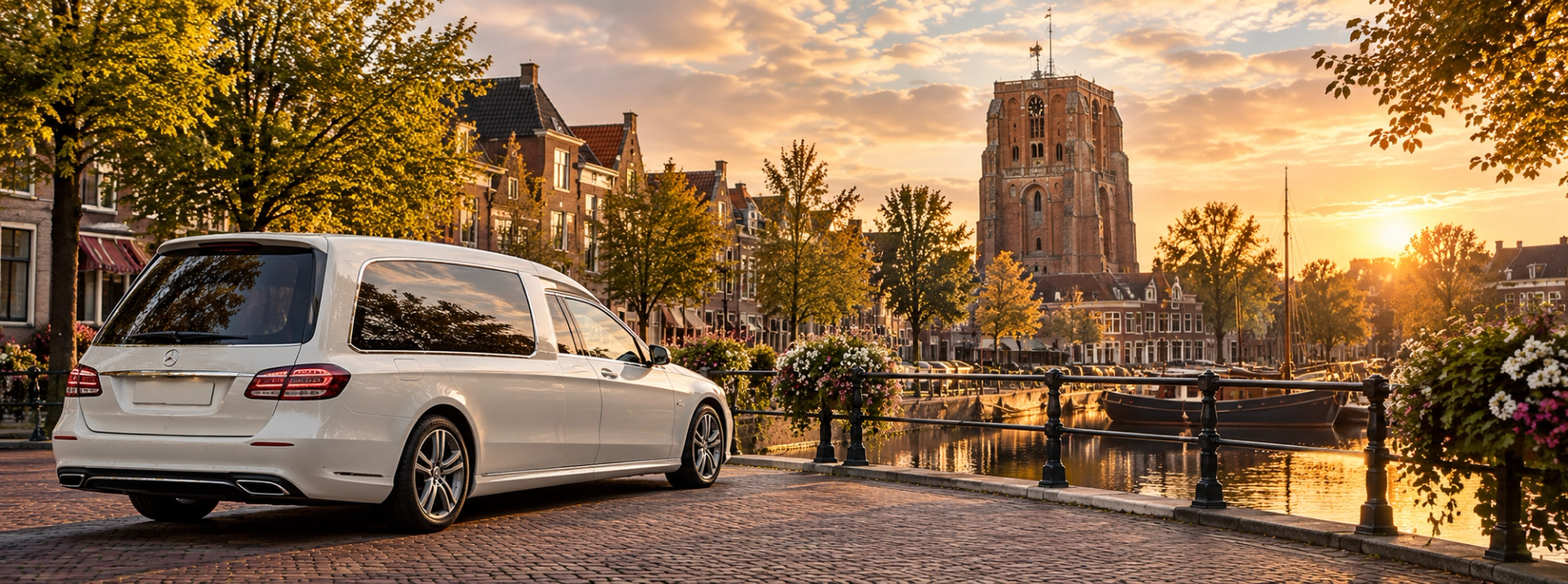 Een witte rouwauto op een klinkerbrug aan de gracht in Leeuwarden, met de Oldehove in het avondlicht