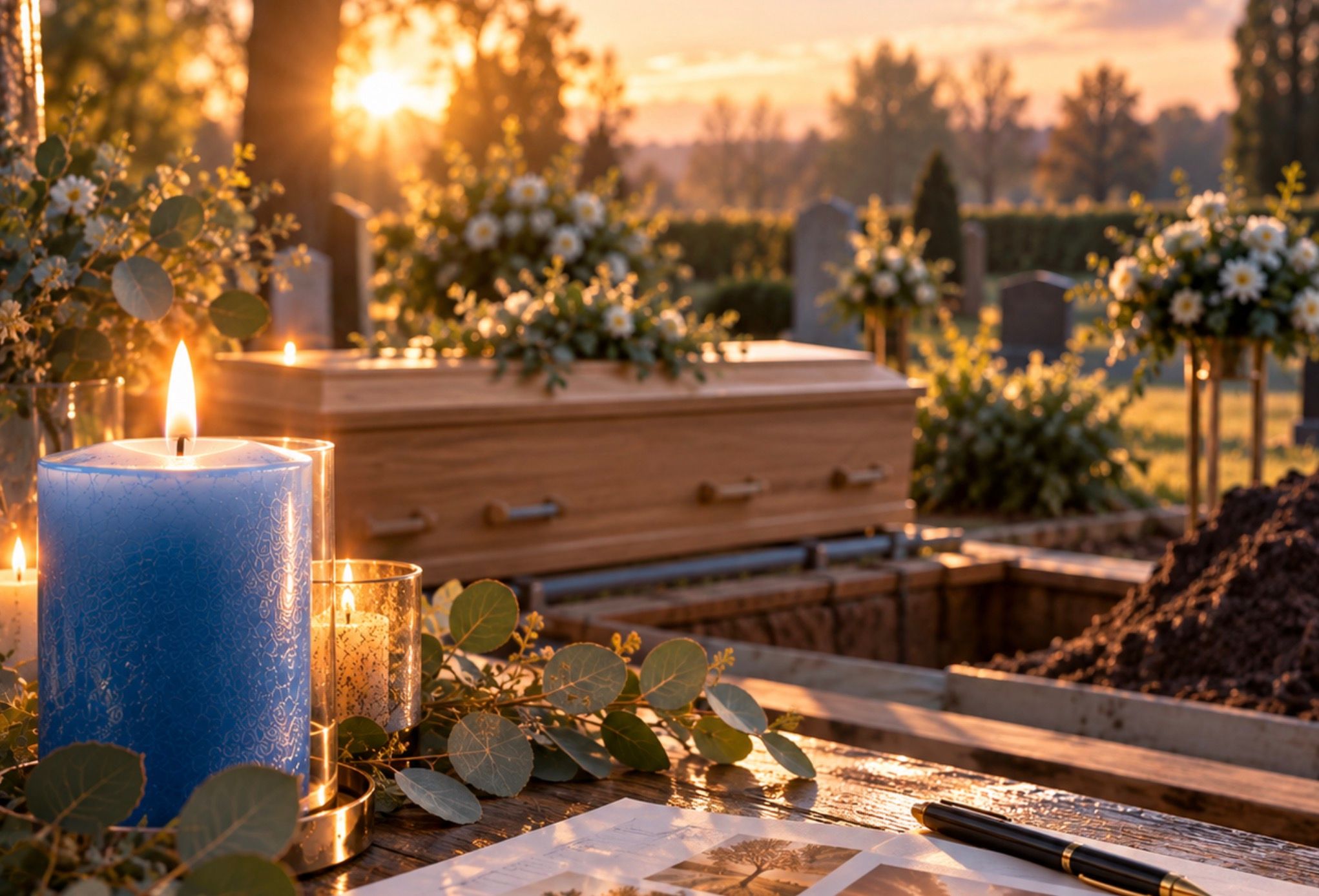 Een lichte houten uitvaartkist met witte bloemen boven een open graf op een begraafplaats bij ondergaande zon, met op de voorgrond een blauwe kaars, waxinelichtjes en eucalyptustakken op een houten tafel.