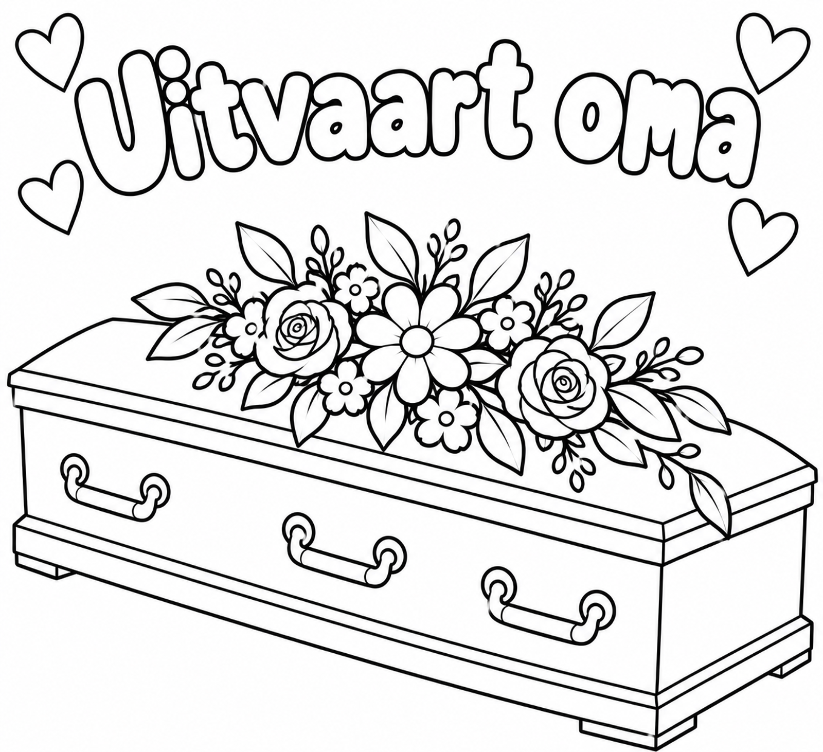 Kleurplaat met in bolle letters "Uitvaart oma" en hartjes boven een kist met rozen en bloemen