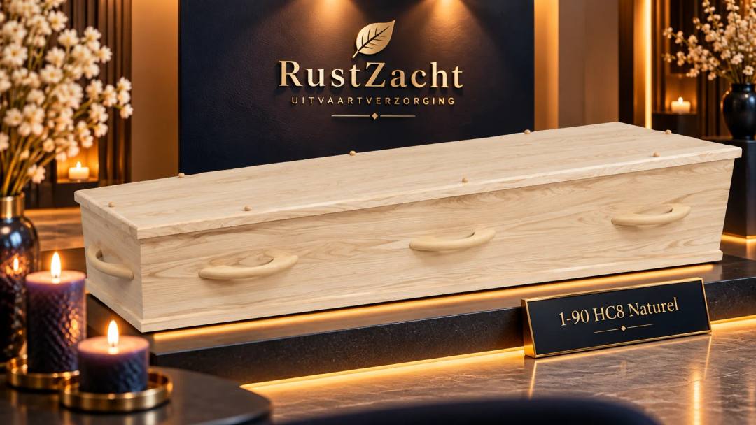 Uitvaartkist van licht naturel eiken met gebogen houten grepen