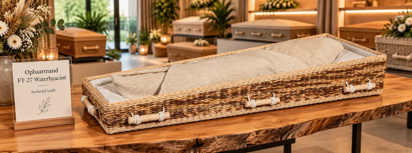 Een open opbaarmand van gevlochten waterhyacint in bruin gemêleerd, met een linnen wade erin en houten staafgrepen aan wit touw