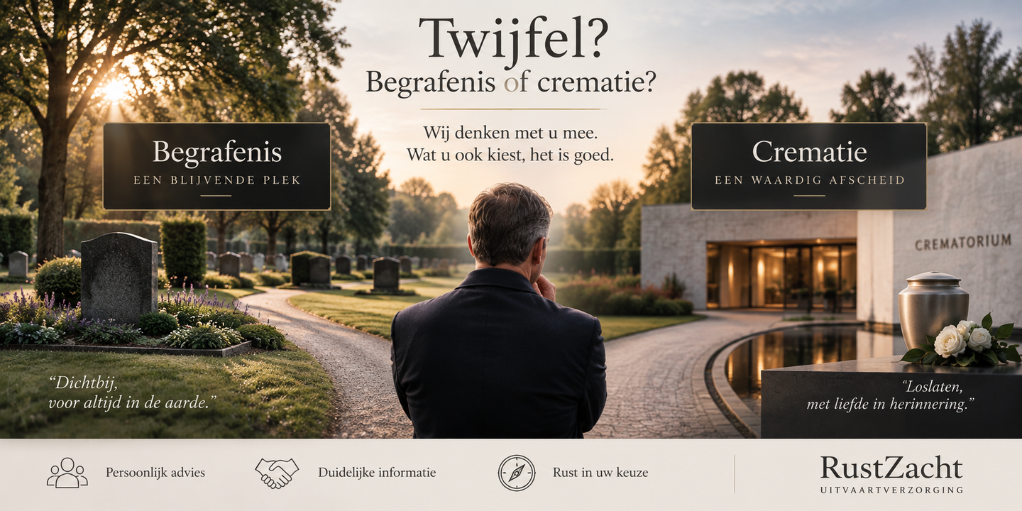 Een man staat op een splitsing tussen een begraafplaats links en een crematorium rechts, met de kop Twijfel? Begrafenis of crematie?