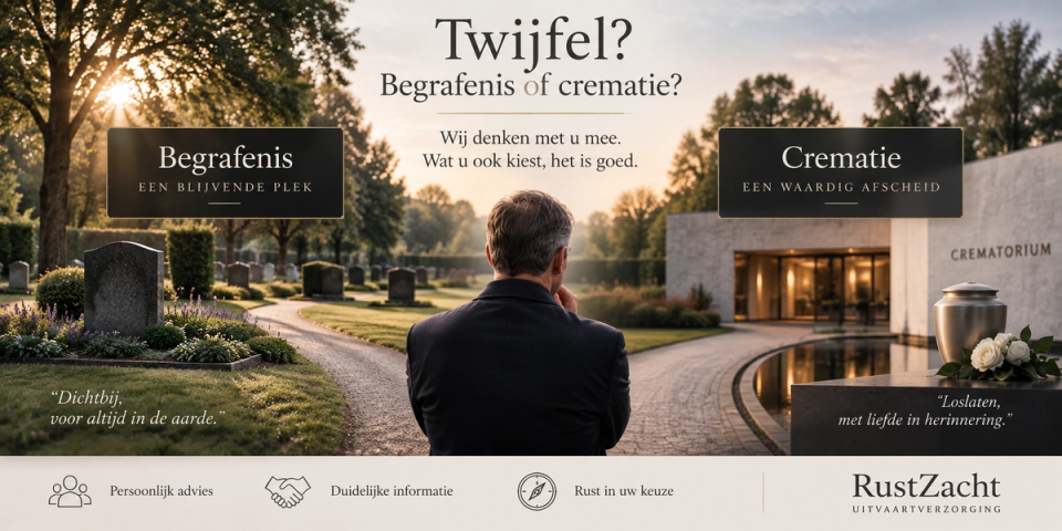 Een man staat op een splitsing tussen een begraafplaats links en een crematorium rechts, met de kop Twijfel? Begrafenis of crematie?