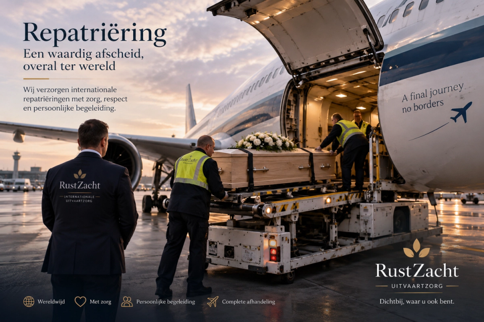 Een uitvaartkist met bloemen wordt bij zonsondergang in het ruim van een vliegtuig geladen, met de kop Repatriëring, een waardig afscheid, overal ter wereld