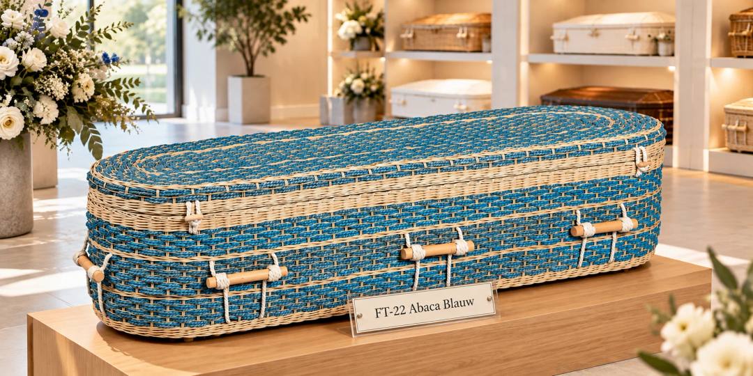 Een uitvaartmand van gevlochten abaca in blauw met lichte banden, ovaal, met houten staafgrepen aan wit touw