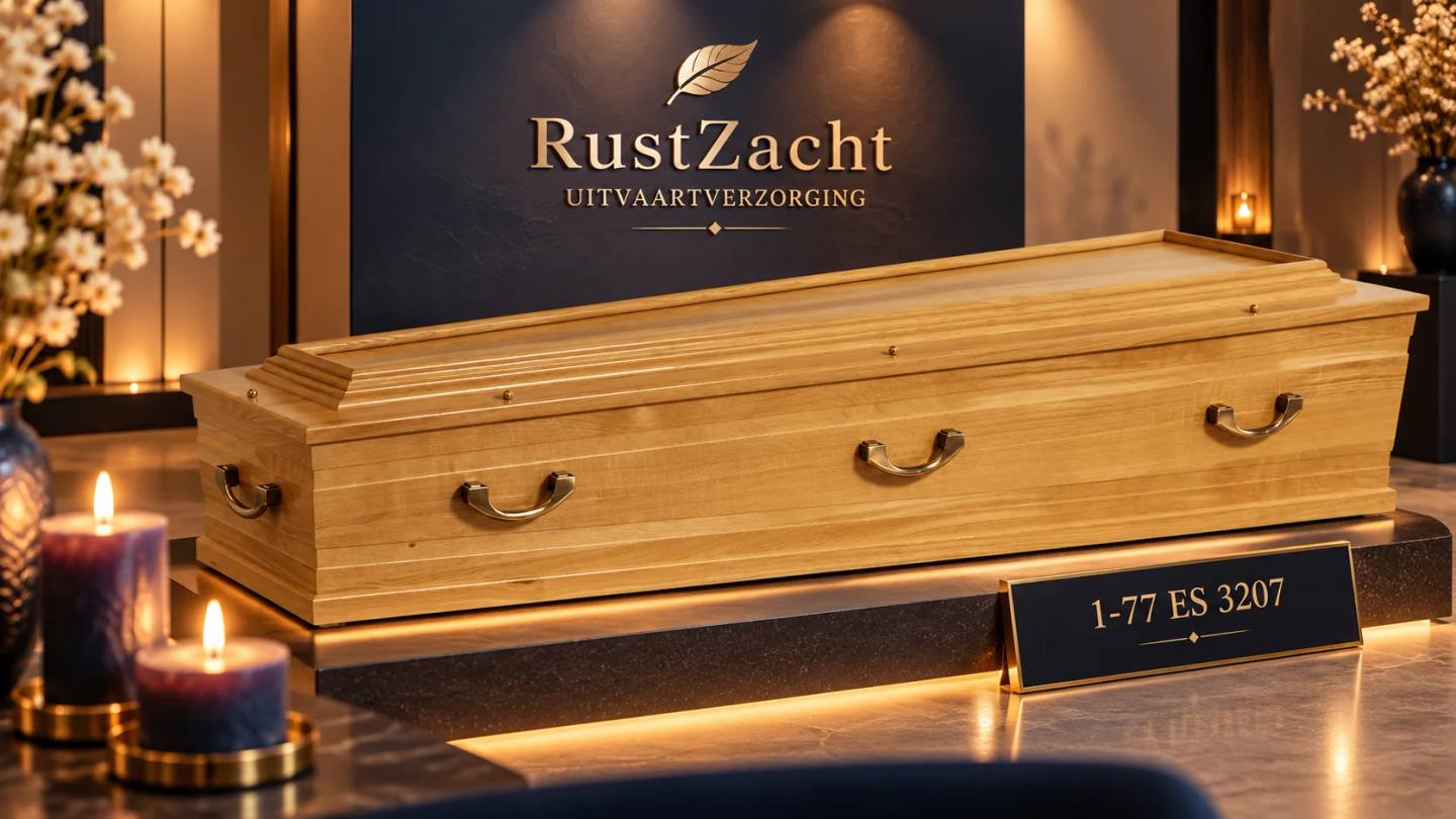Uitvaartkist van essenhout met een getrapt deksel en metalen beugelgrepen